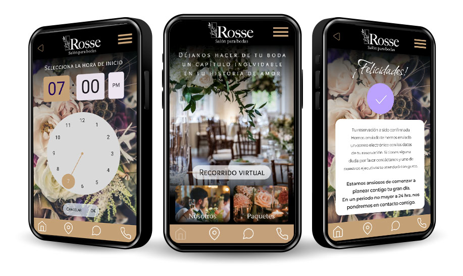 Rosse — App con recorrido virtual para salón de bodas: cuenta regresiva, tour inmersivo y experiencia post-evento.